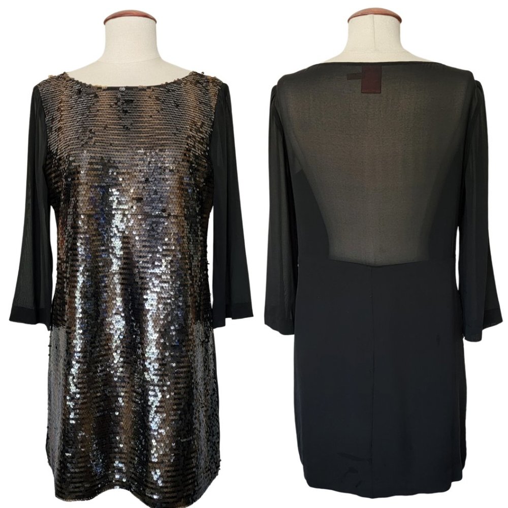 Ali Ro Brown & Black Sequin Shift Dress with Mesh Sleeves & Back